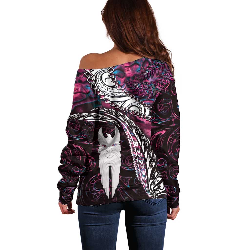 New Zealand Aotearoa Off Shoulder Sweater Maori Hei Rehua Paua Shell Glitter Pink LT05 - Polynesian Pride