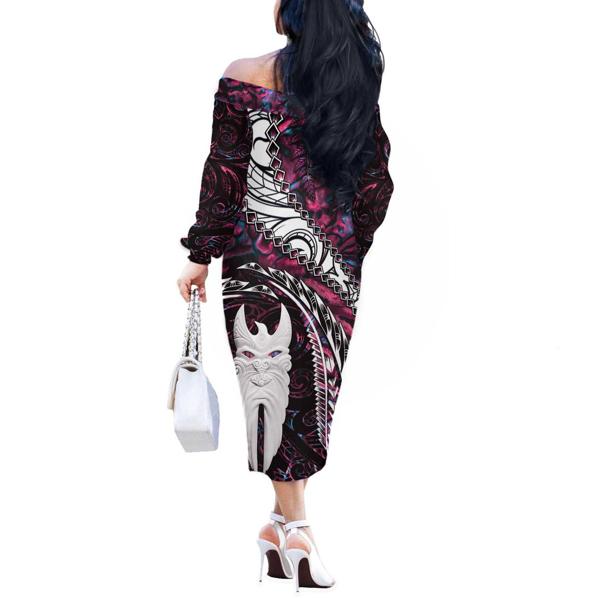 New Zealand Aotearoa Off The Shoulder Long Sleeve Dress Maori Hei Rehua Paua Shell Glitter Pink LT05 - Polynesian Pride