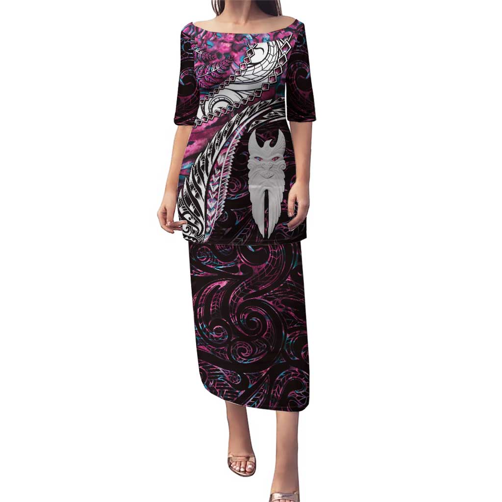 New Zealand Aotearoa Puletasi Maori Hei Rehua Paua Shell Glitter Pink LT05 Long Dress Pink - Polynesian Pride