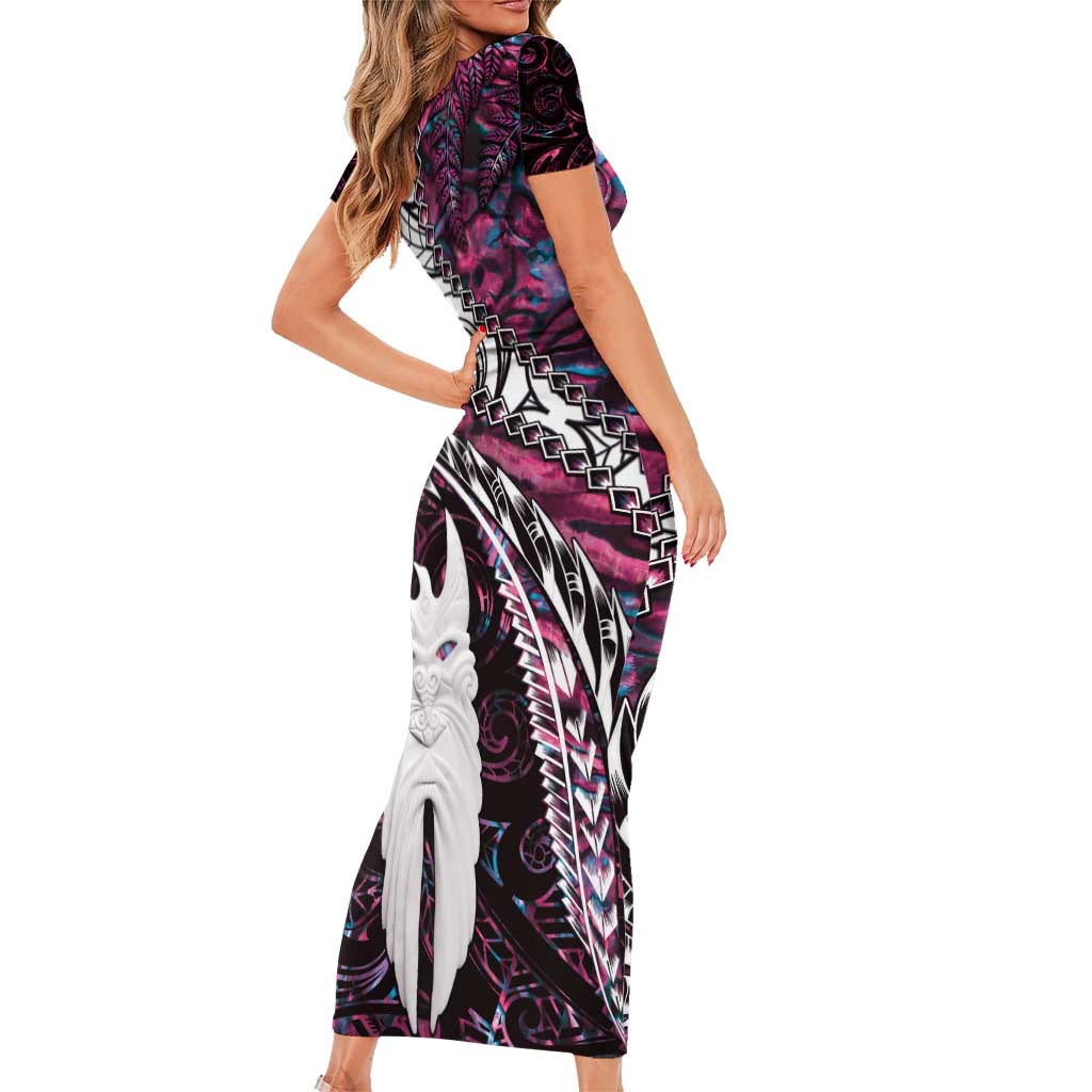 New Zealand Aotearoa Short Sleeve Bodycon Dress Maori Hei Rehua Paua Shell Glitter Pink LT05 - Polynesian Pride