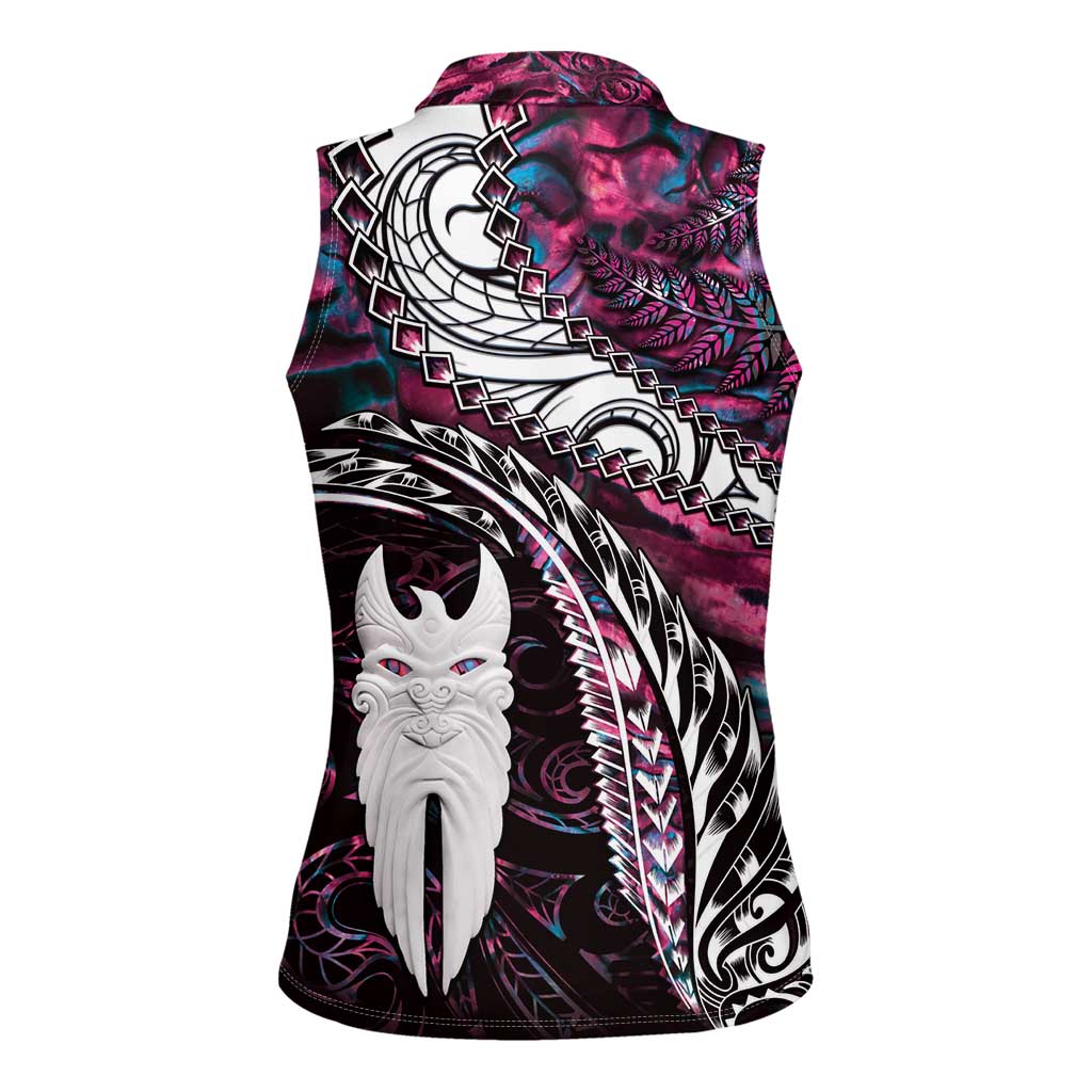 New Zealand Aotearoa Women Sleeveless Polo Shirt Maori Hei Rehua Paua Shell Glitter Pink LT05 - Polynesian Pride