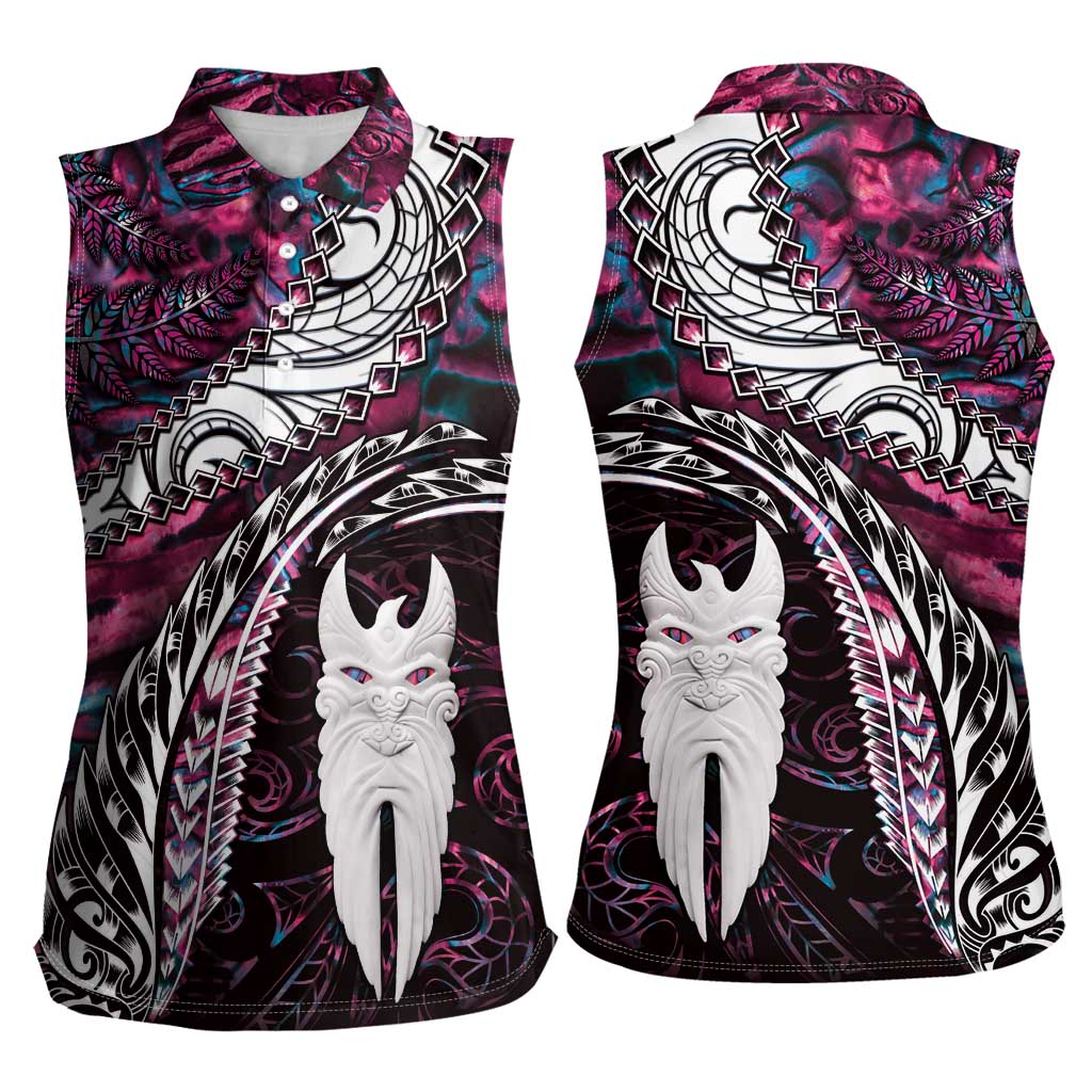 New Zealand Aotearoa Women Sleeveless Polo Shirt Maori Hei Rehua Paua Shell Glitter Pink LT05 - Polynesian Pride