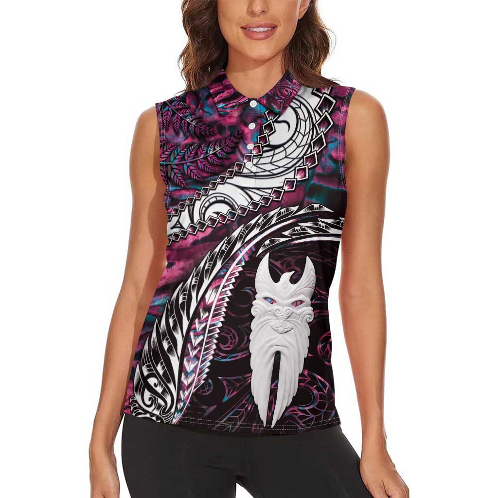 New Zealand Aotearoa Women Sleeveless Polo Shirt Maori Hei Rehua Paua Shell Glitter Pink LT05 - Polynesian Pride