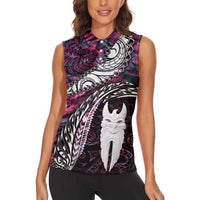 New Zealand Aotearoa Women Sleeveless Polo Shirt Maori Hei Rehua Paua Shell Glitter Pink LT05 - Polynesian Pride