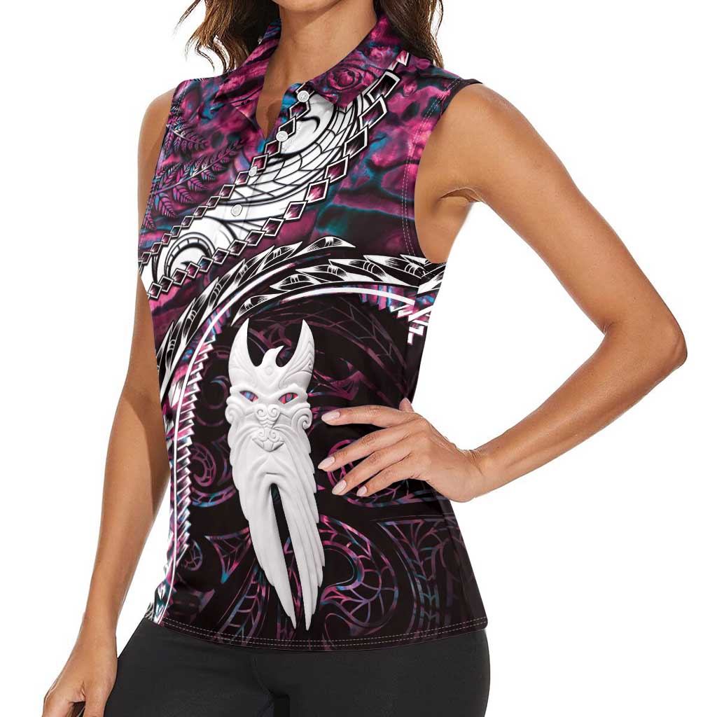 New Zealand Aotearoa Women Sleeveless Polo Shirt Maori Hei Rehua Paua Shell Glitter Pink LT05 - Polynesian Pride