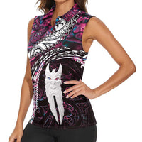 New Zealand Aotearoa Women Sleeveless Polo Shirt Maori Hei Rehua Paua Shell Glitter Pink LT05 - Polynesian Pride