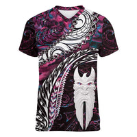 New Zealand Aotearoa Women V-Neck T-Shirt Maori Hei Rehua Paua Shell Glitter Pink LT05 Female Pink - Polynesian Pride