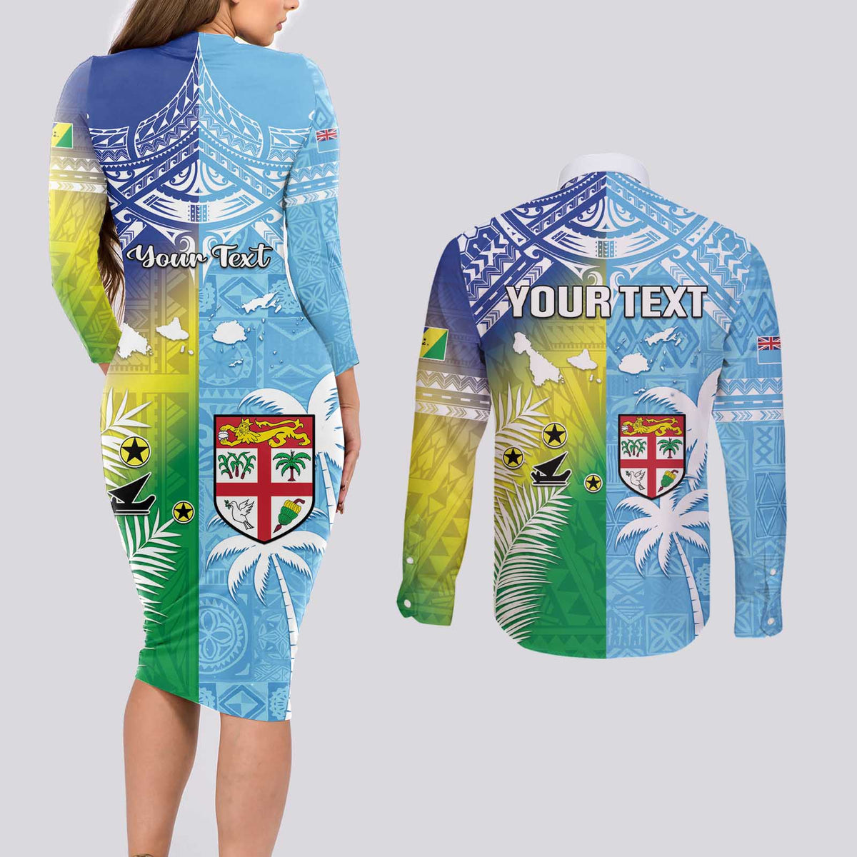 Personalised Happy Malampa Fiji Day Couples Matching Long Sleeve Bodycon Dress and Long Sleeve Button Shirt Half Mix Style LT05 - Polynesian Pride
