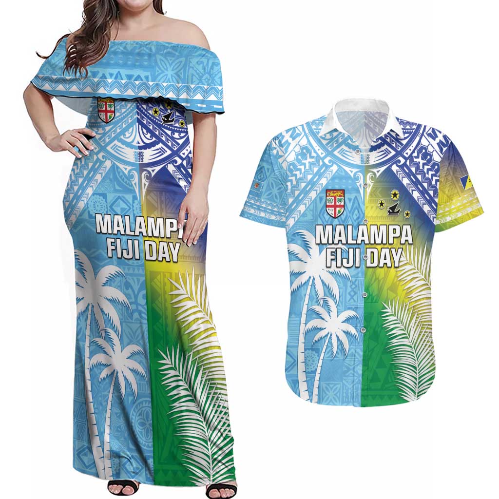 Personalised Happy Malampa Fiji Day Couples Matching Off Shoulder Maxi Dress and Hawaiian Shirt Half Mix Style LT05 Blue - Polynesian Pride