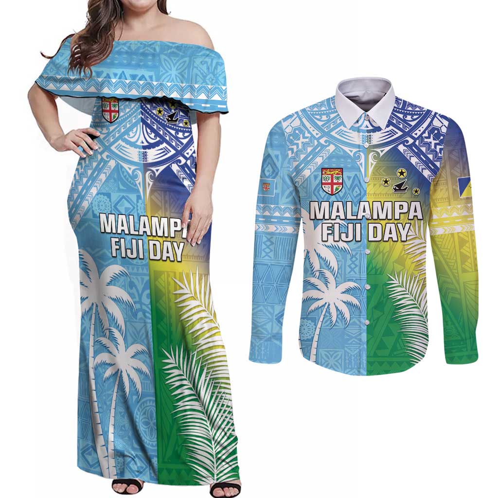 Personalised Happy Malampa Fiji Day Couples Matching Off Shoulder Maxi Dress and Long Sleeve Button Shirt Half Mix Style LT05 Blue - Polynesian Pride