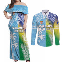 Personalised Happy Malampa Fiji Day Couples Matching Off Shoulder Maxi Dress and Long Sleeve Button Shirt Half Mix Style LT05 Blue - Polynesian Pride