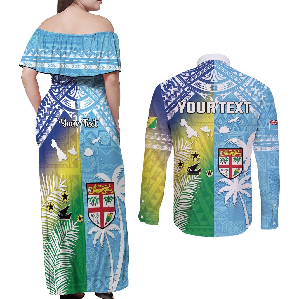 Personalised Happy Malampa Fiji Day Couples Matching Off Shoulder Maxi Dress and Long Sleeve Button Shirt Half Mix Style LT05 - Polynesian Pride