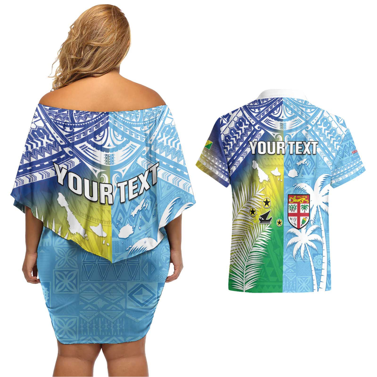 Personalised Happy Malampa Fiji Day Couples Matching Off Shoulder Short Dress and Hawaiian Shirt Half Mix Style LT05 - Polynesian Pride