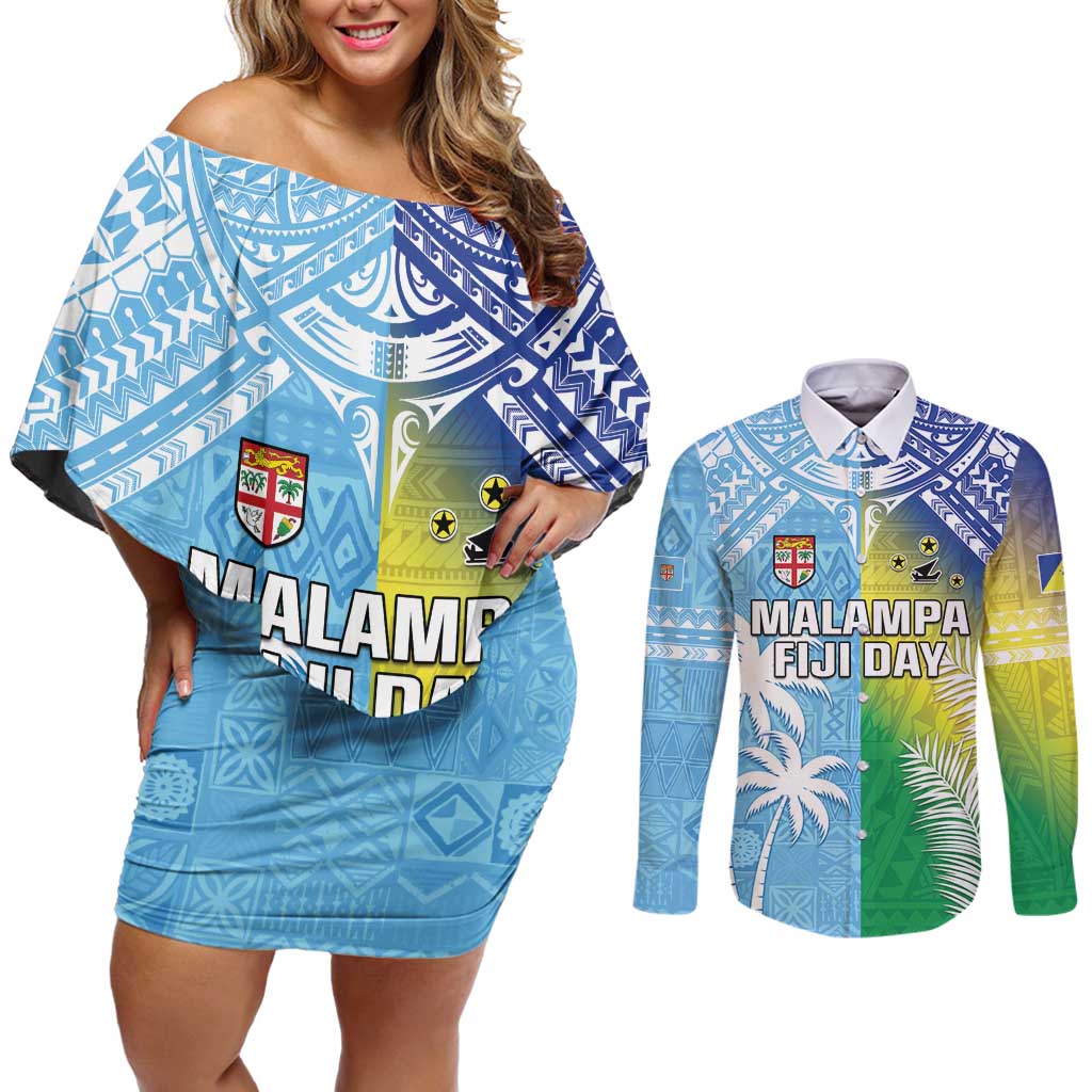 Personalised Happy Malampa Fiji Day Couples Matching Off Shoulder Short Dress and Long Sleeve Button Shirt Half Mix Style LT05 Blue - Polynesian Pride