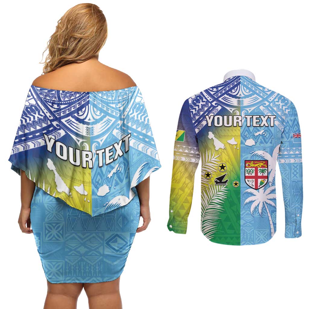 Personalised Happy Malampa Fiji Day Couples Matching Off Shoulder Short Dress and Long Sleeve Button Shirt Half Mix Style LT05 - Polynesian Pride