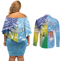 Personalised Happy Malampa Fiji Day Couples Matching Off Shoulder Short Dress and Long Sleeve Button Shirt Half Mix Style LT05 - Polynesian Pride