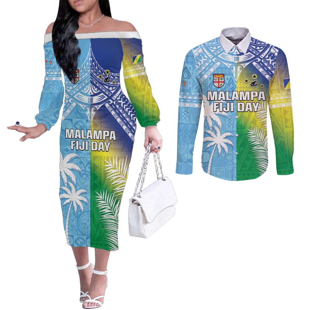 Personalised Happy Malampa Fiji Day Couples Matching Off The Shoulder Long Sleeve Dress and Long Sleeve Button Shirt Half Mix Style LT05 Blue - Polynesian Pride