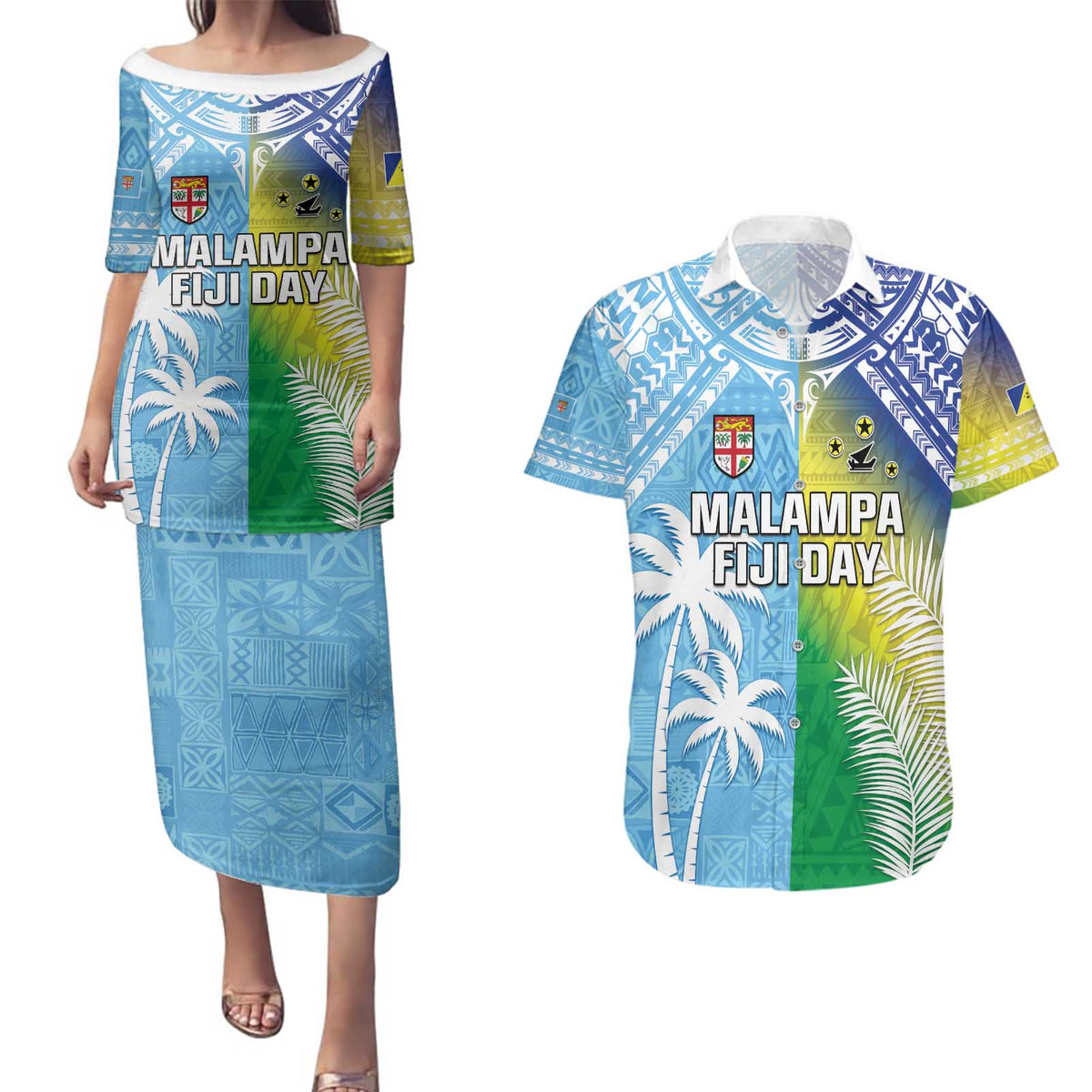 Personalised Happy Malampa Fiji Day Couples Matching Puletasi and Hawaiian Shirt Half Mix Style LT05 Blue - Polynesian Pride