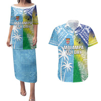 Personalised Happy Malampa Fiji Day Couples Matching Puletasi and Hawaiian Shirt Half Mix Style LT05 Blue - Polynesian Pride