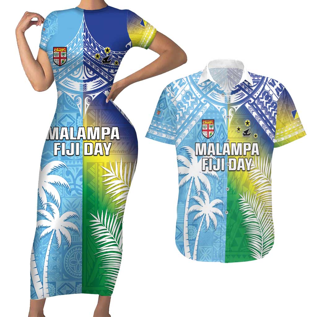 Personalised Happy Malampa Fiji Day Couples Matching Short Sleeve Bodycon Dress and Hawaiian Shirt Half Mix Style LT05 Blue - Polynesian Pride