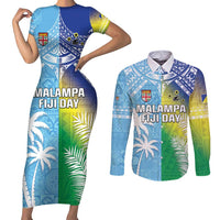 Personalised Happy Malampa Fiji Day Couples Matching Short Sleeve Bodycon Dress and Long Sleeve Button Shirt Half Mix Style LT05 Blue - Polynesian Pride