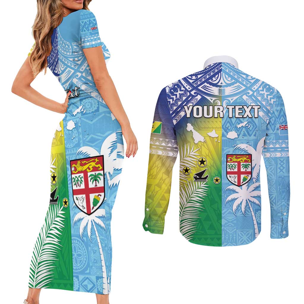 Personalised Happy Malampa Fiji Day Couples Matching Short Sleeve Bodycon Dress and Long Sleeve Button Shirt Half Mix Style LT05 - Polynesian Pride