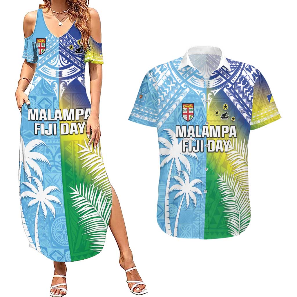 Personalised Happy Malampa Fiji Day Couples Matching Summer Maxi Dress and Hawaiian Shirt Half Mix Style LT05 Blue - Polynesian Pride