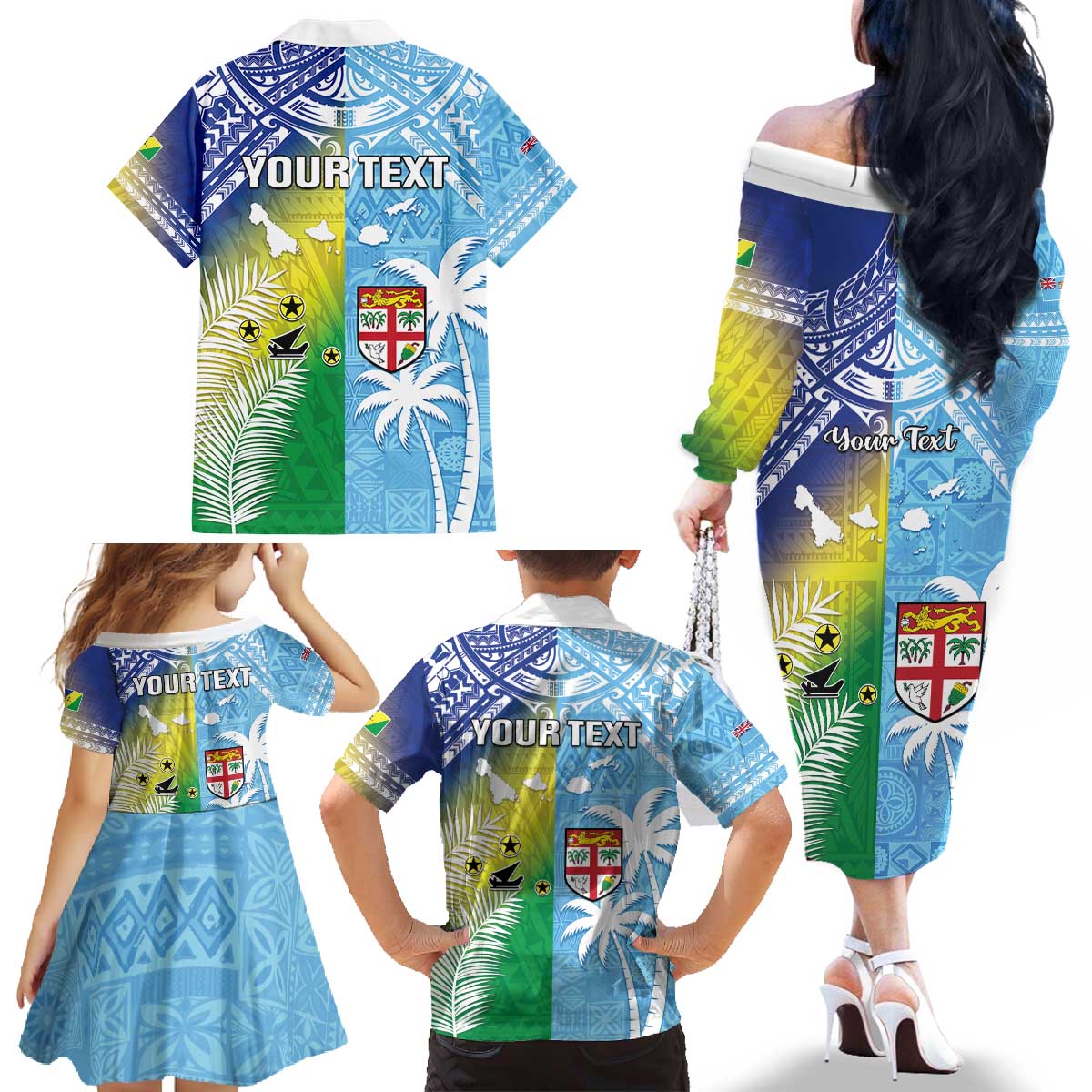 Personalised Happy Malampa Fiji Day Family Matching Off The Shoulder Long Sleeve Dress and Hawaiian Shirt Half Mix Style LT05 - Polynesian Pride