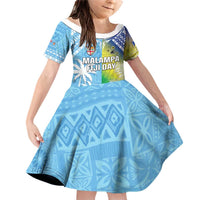 Personalised Happy Malampa Fiji Day Family Matching Off Shoulder Short Dress and Hawaiian Shirt Half Mix Style LT05 Daughter's Dress Blue - Polynesian Pride