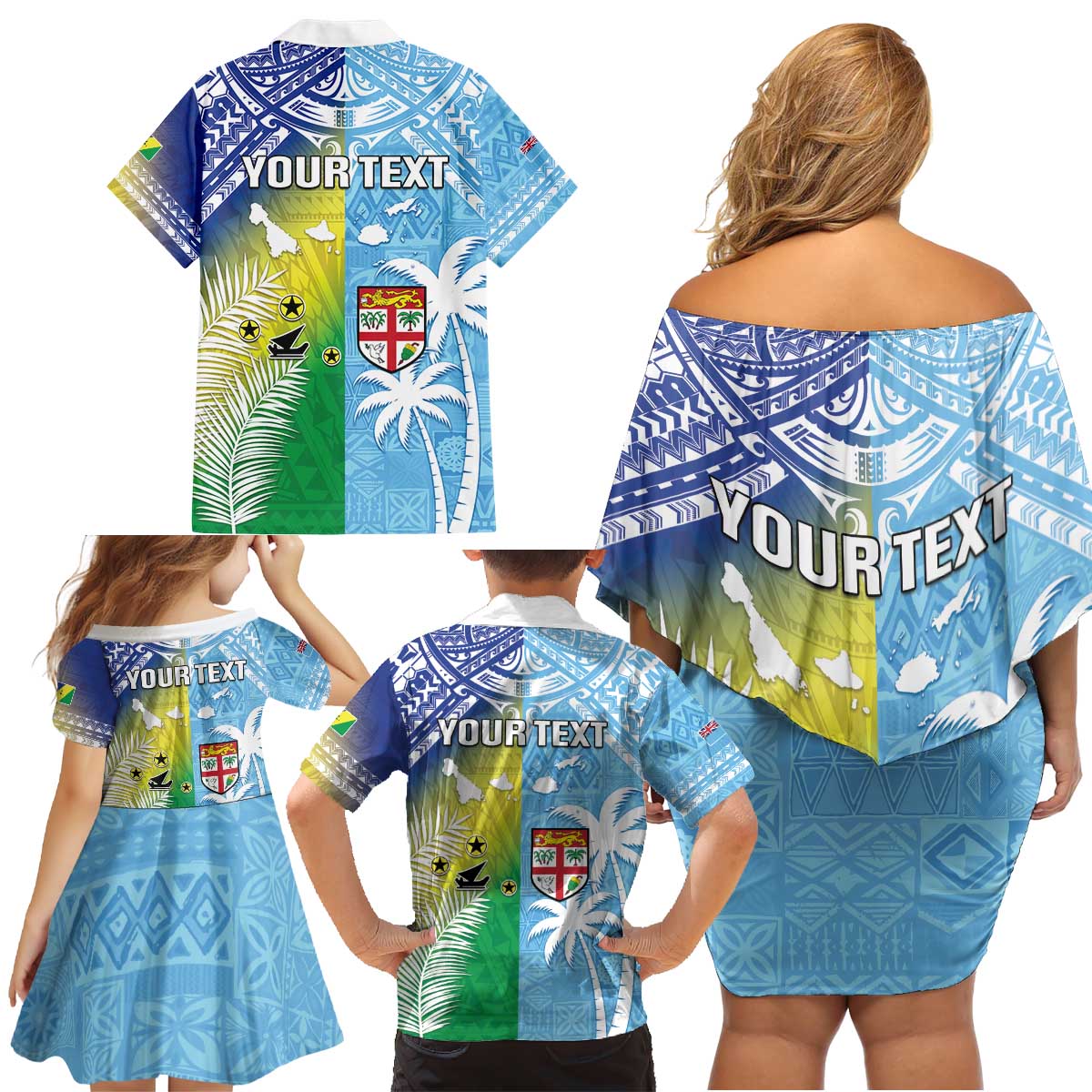 Personalised Happy Malampa Fiji Day Family Matching Off Shoulder Short Dress and Hawaiian Shirt Half Mix Style LT05 - Polynesian Pride
