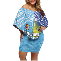 Personalised Happy Malampa Fiji Day Family Matching Off Shoulder Short Dress and Hawaiian Shirt Half Mix Style LT05 Mom's Dress Blue - Polynesian Pride