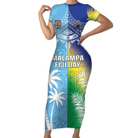Personalised Happy Malampa Fiji Day Family Matching Short Sleeve Bodycon Dress and Hawaiian Shirt Half Mix Style LT05 Mom's Dress Blue - Polynesian Pride