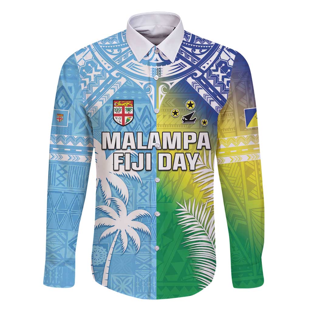 Personalised Happy Malampa Fiji Day Family Matching Summer Maxi Dress and Hawaiian Shirt Half Mix Style LT05 Dad's Shirt - Long Sleeve Blue - Polynesian Pride