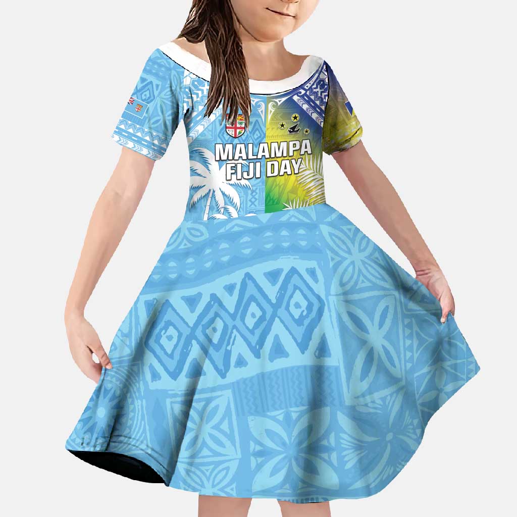 Personalised Happy Malampa Fiji Day Family Matching Tank Maxi Dress and Hawaiian Shirt Half Mix Style LT05 Daughter's Dress Blue - Polynesian Pride