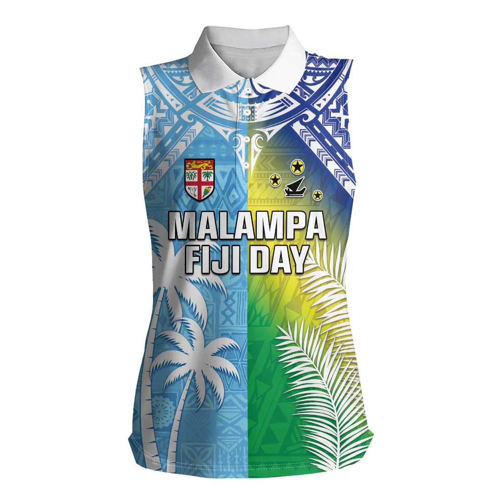 Personalised Happy Malampa Fiji Day Women Sleeveless Polo Shirt Half Mix Style LT05 Female Blue - Polynesian Pride