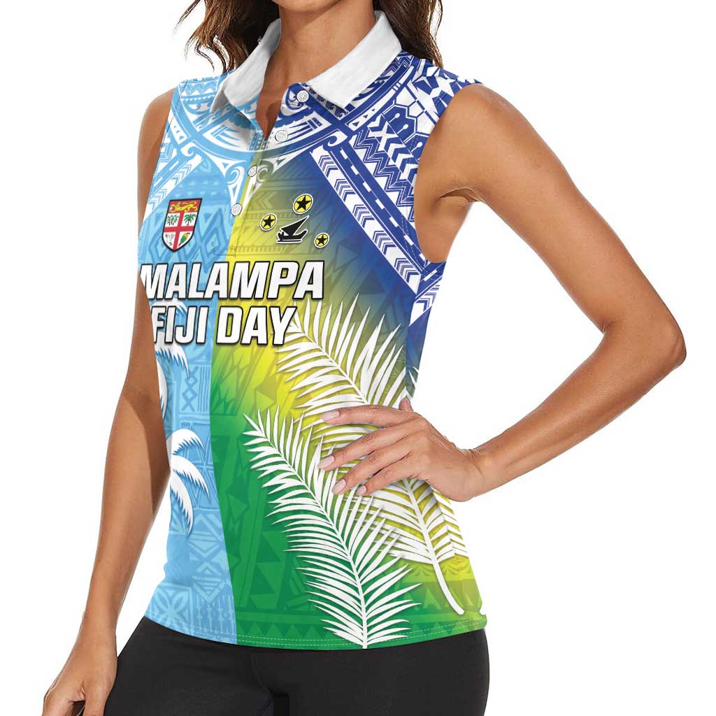 Personalised Happy Malampa Fiji Day Women Sleeveless Polo Shirt Half Mix Style LT05 - Polynesian Pride
