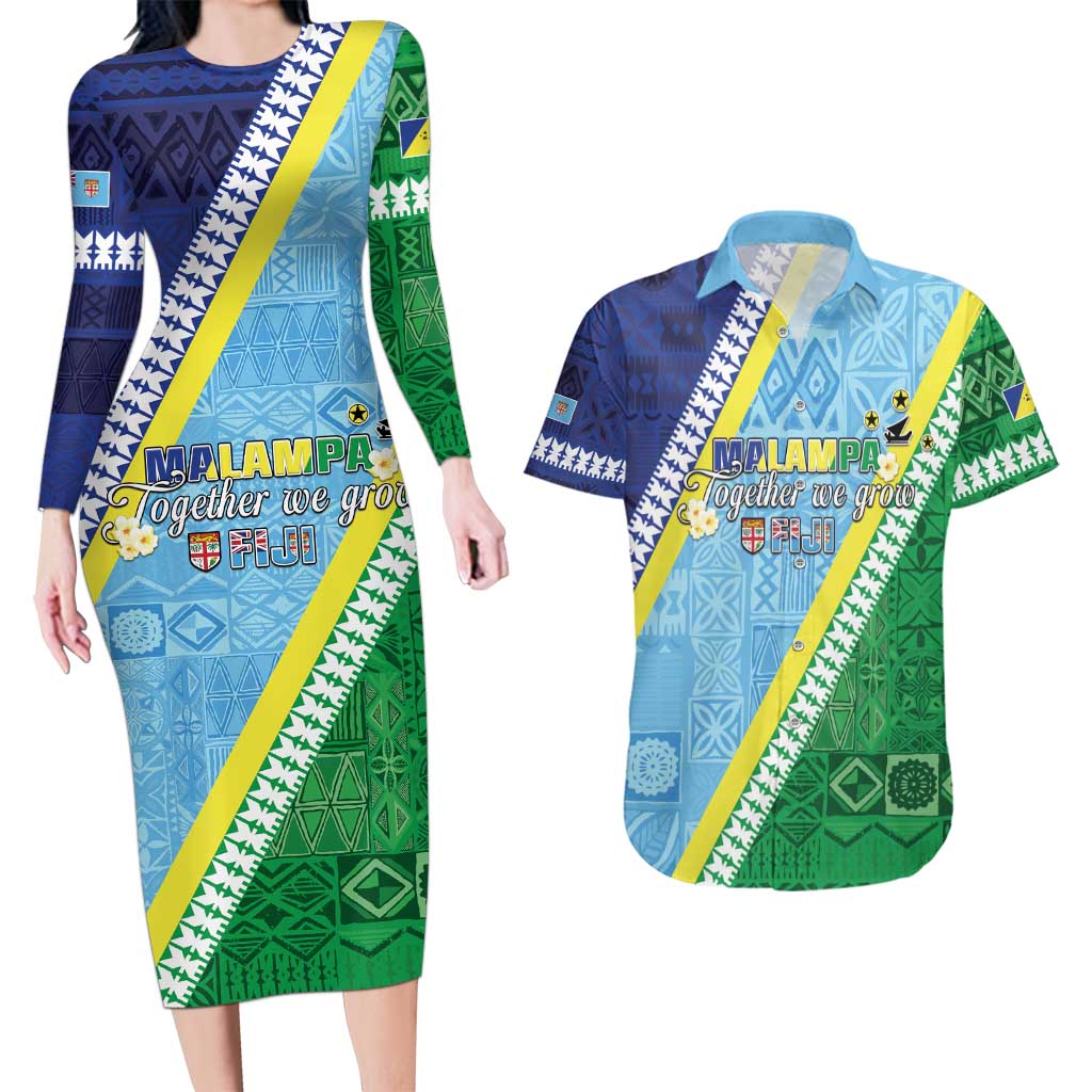 Love Malampa Fiji Day Couples Matching Long Sleeve Bodycon Dress and Hawaiian Shirt Together We Grow LT05 Blue - Polynesian Pride