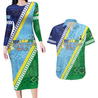 Love Malampa Fiji Day Couples Matching Long Sleeve Bodycon Dress and Hawaiian Shirt Together We Grow LT05 Blue - Polynesian Pride