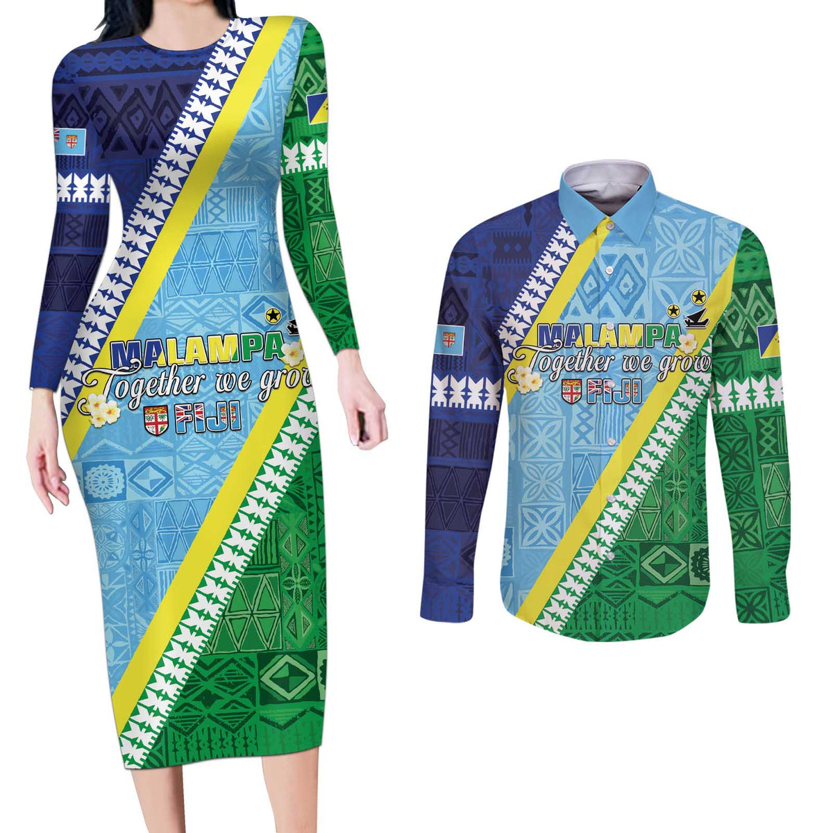 Love Malampa Fiji Day Couples Matching Long Sleeve Bodycon Dress and Long Sleeve Button Shirt Together We Grow LT05 Blue - Polynesian Pride