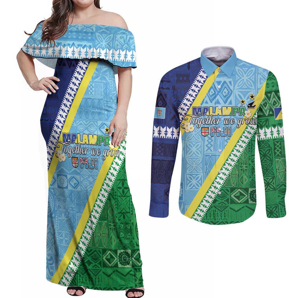 Love Malampa Fiji Day Couples Matching Off Shoulder Maxi Dress and Long Sleeve Button Shirt Together We Grow LT05 Blue - Polynesian Pride