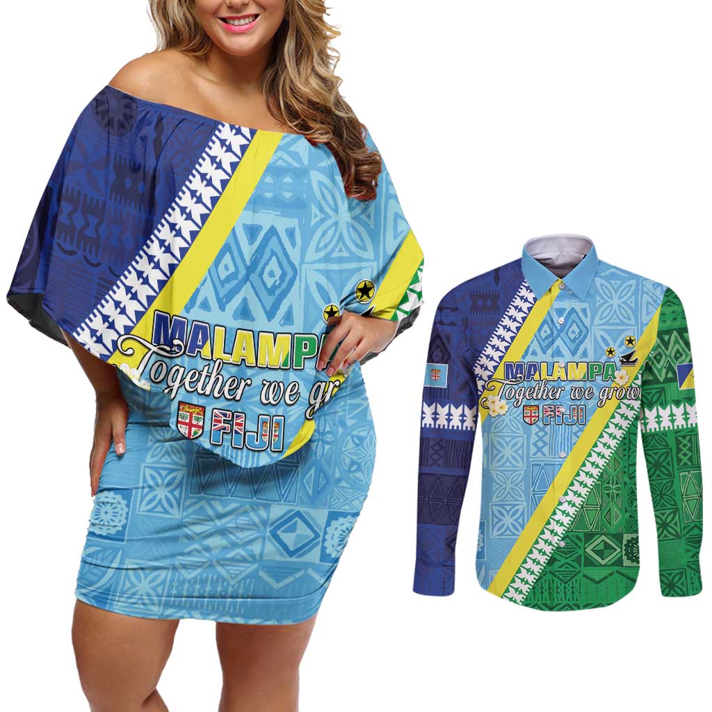 Love Malampa Fiji Day Couples Matching Off Shoulder Short Dress and Long Sleeve Button Shirt Together We Grow LT05 Blue - Polynesian Pride