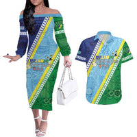 Love Malampa Fiji Day Couples Matching Off The Shoulder Long Sleeve Dress and Hawaiian Shirt Together We Grow LT05 Blue - Polynesian Pride