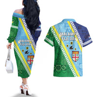 Love Malampa Fiji Day Couples Matching Off The Shoulder Long Sleeve Dress and Hawaiian Shirt Together We Grow LT05 - Polynesian Pride