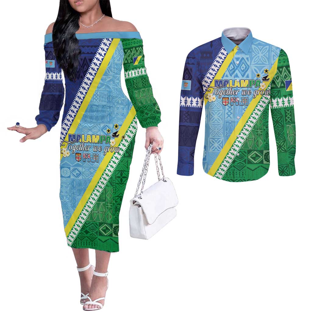 Love Malampa Fiji Day Couples Matching Off The Shoulder Long Sleeve Dress and Long Sleeve Button Shirt Together We Grow LT05 Blue - Polynesian Pride