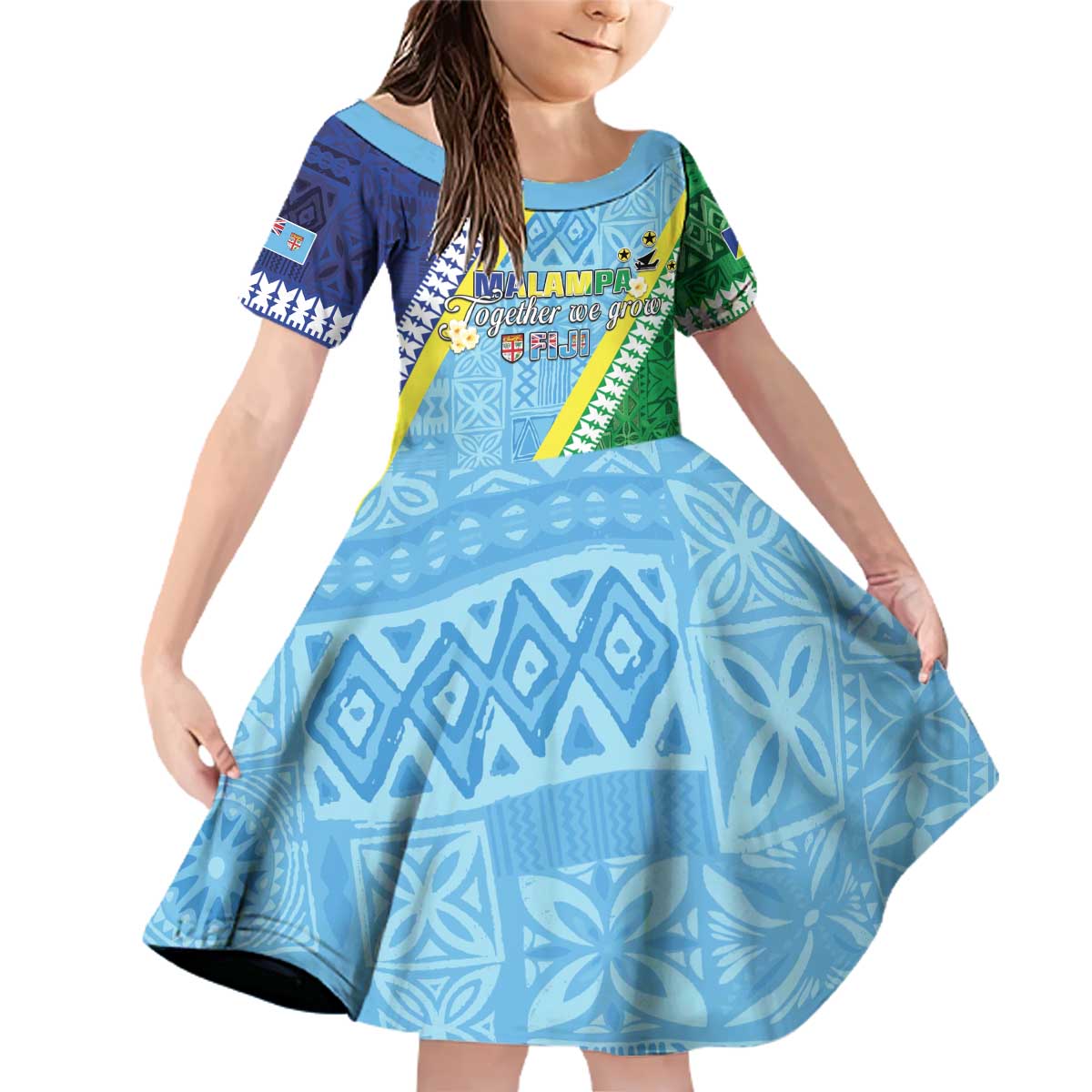 Love Malampa Fiji Day Family Matching Off Shoulder Short Dress and Hawaiian Shirt Together We Grow LT05 Daughter's Dress Blue - Polynesian Pride