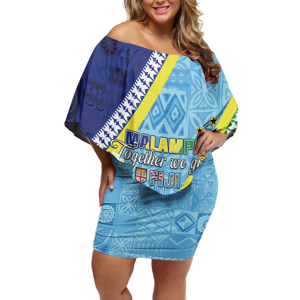 Love Malampa Fiji Day Off Shoulder Short Dress Together We Grow LT05 Women Blue - Polynesian Pride