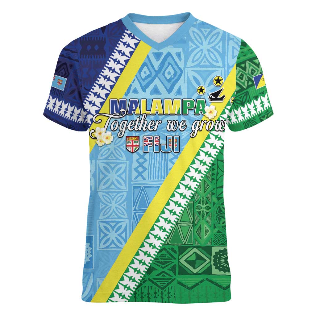 Love Malampa Fiji Day Women V-Neck T-Shirt Together We Grow LT05 Female Blue - Polynesian Pride