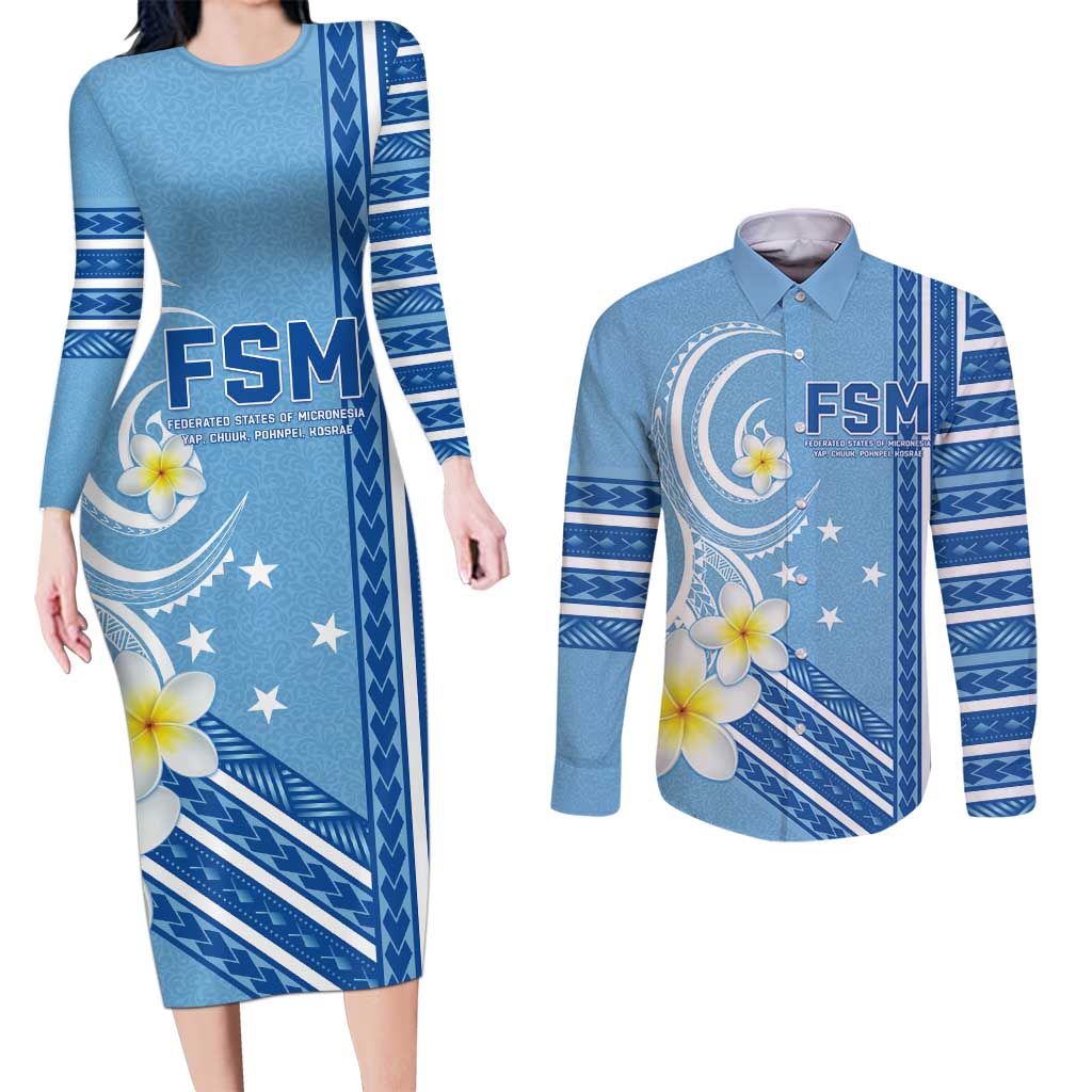 Personalised Federated States of Micronesia Couples Matching Long Sleeve Bodycon Dress and Long Sleeve Button Shirt Happy 38th Independence Anniversary LT05 Blue - Polynesian Pride