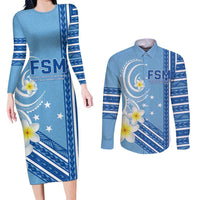Personalised Federated States of Micronesia Couples Matching Long Sleeve Bodycon Dress and Long Sleeve Button Shirt Happy 38th Independence Anniversary LT05 Blue - Polynesian Pride