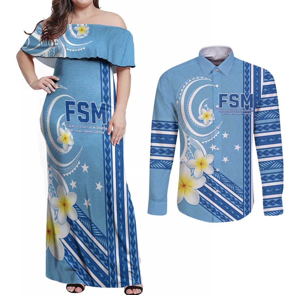Personalised Federated States of Micronesia Couples Matching Off Shoulder Maxi Dress and Long Sleeve Button Shirt Happy 38th Independence Anniversary LT05 Blue - Polynesian Pride